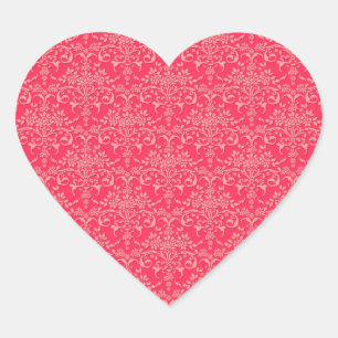 Red and PInk Victorian Damask Style Pattern Heart Sticker
