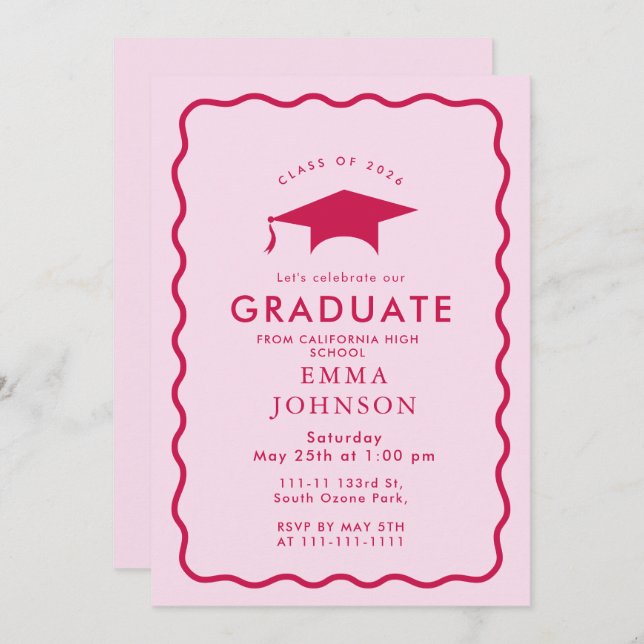 Red and Pink Vintage Elegant Graduation Party Invitation (Front/Back)
