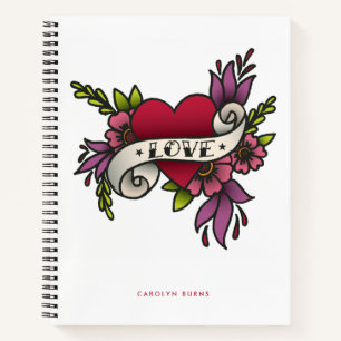 Red and Pink Vintage Love Heart Tattoo Notebook