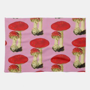 Red and Pink Vintage Mushrooms Tea Towel
