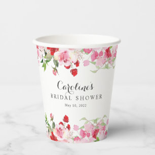 Red and Pink Watercolor Roses Bridal Shower Paper Cups