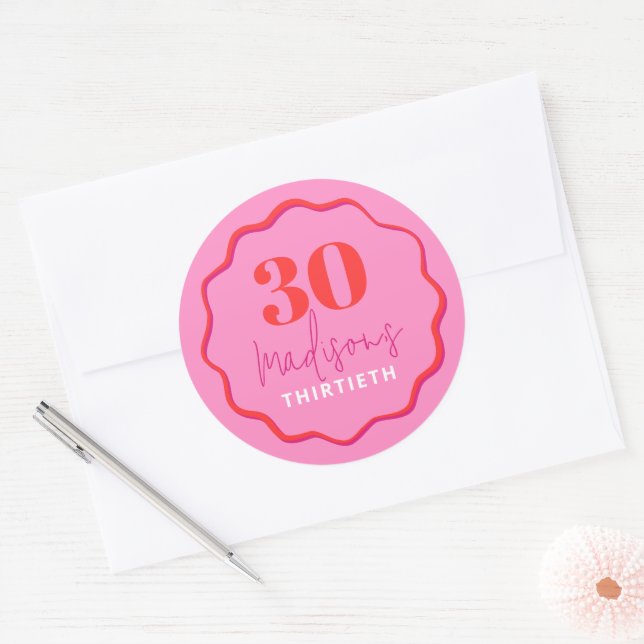 Red and Pink Wave Border 30th Birthday Classic Round Sticker (Envelope)