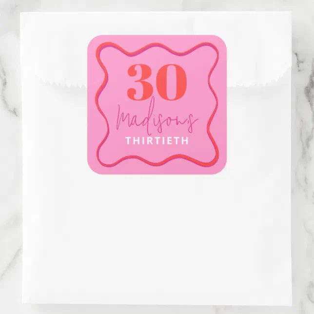 Red and Pink Wave Border 30th Birthday Square Sticker | Zazzle