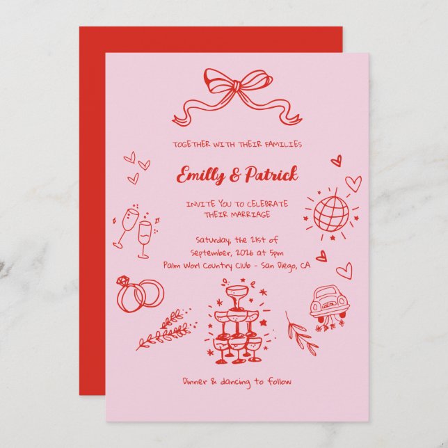 Red And Pink Whimsical Retro Doodle Wedding Invitation (Front/Back)