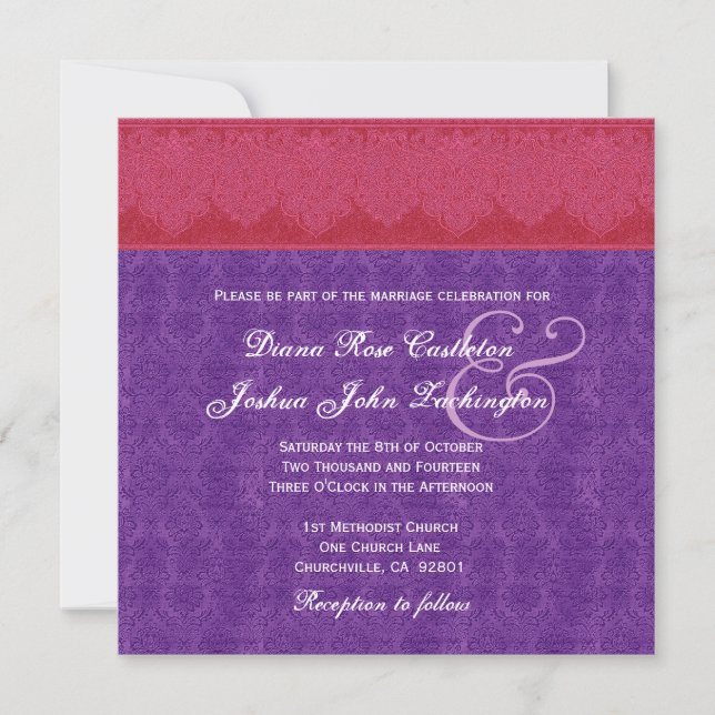Red and Purple Damask Monogram Wedding V14 Invitation (Front)