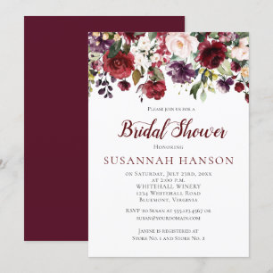 Red and Purple Floral Bouquet Drop Bridal Shower Invitation