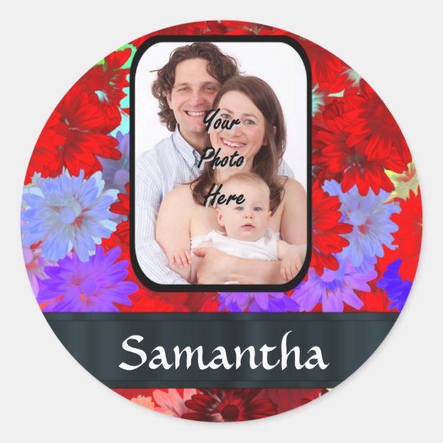 Red and purple floral pattern classic round sticker (Front)