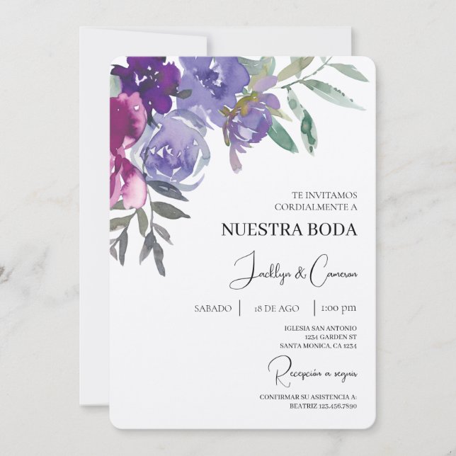Red and purple Floral Spanish Wedding Invitation (Front)