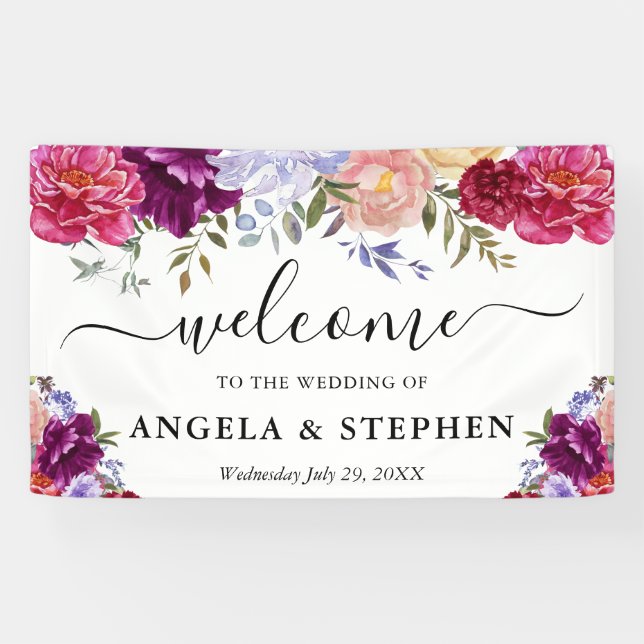 Red and Purple Flowers Wedding Welcome Banner (Horizontal)