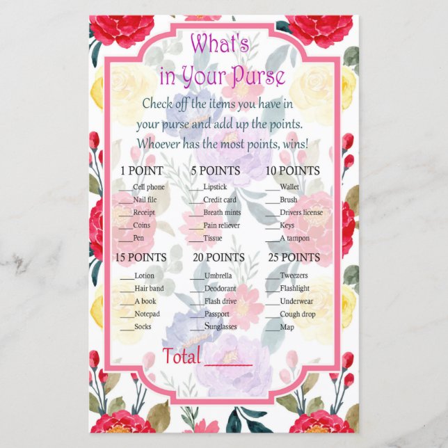 Red and Purple flowers What's in your purse game (Front)