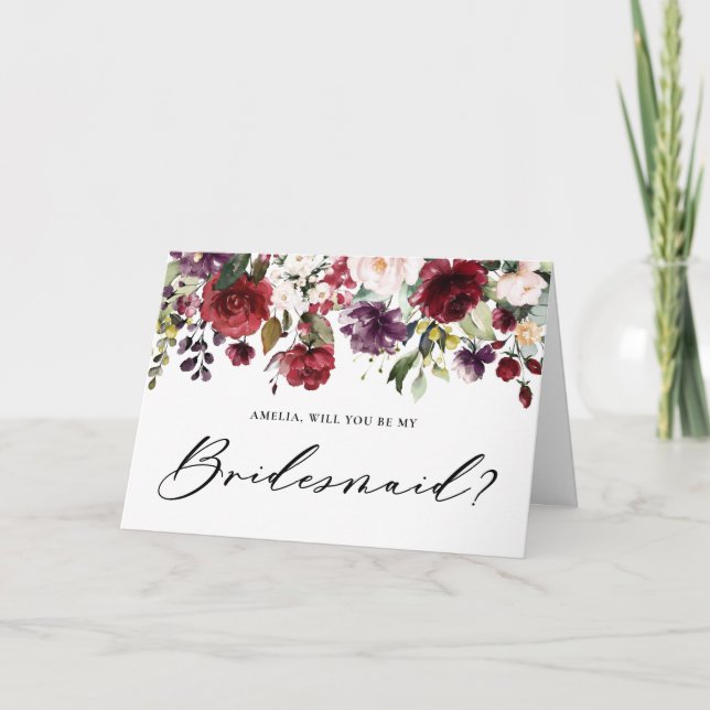 Red and Purple Flowers Will You Be My Bridesmaid Card (Front)