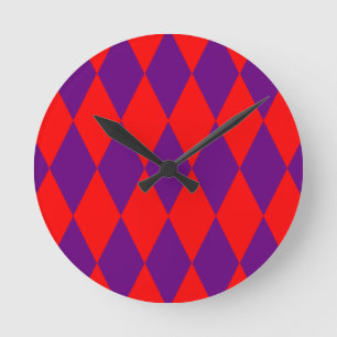 Red and Purple Harlequin Checkered Design Round Clock
