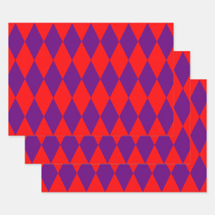 Red and Purple Harlequin Checkered Design Wrapping Paper Sheet