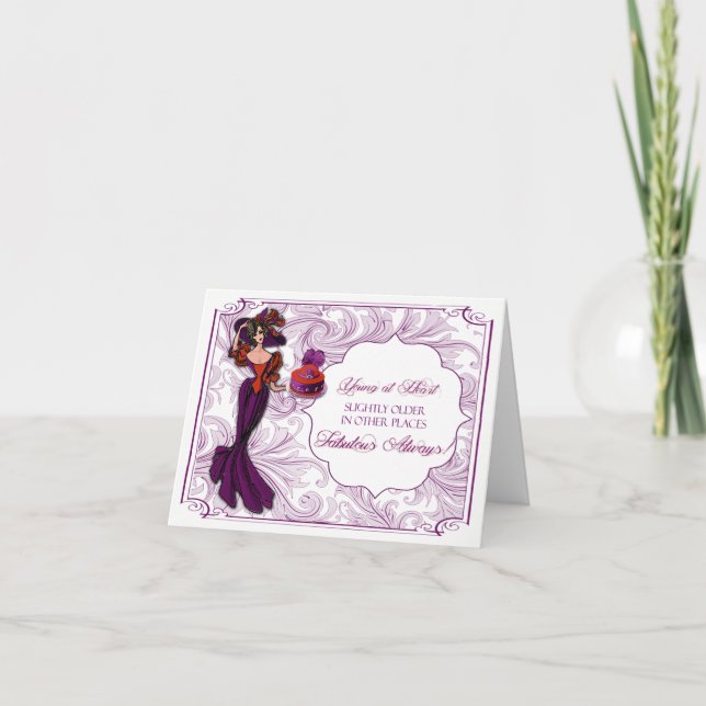 Red and Purple Lady in Hat Birthday Card (Front)