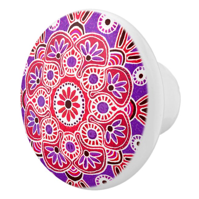  Red and purple medallion Drawer pull Ceramic Knob (Right)