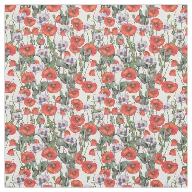 Red and Purple Poppies Pattern Fabric (Swatch)