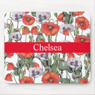 Red and Purple Poppies Pattern Personalised Mouse Mat