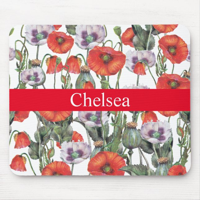 Red and Purple Poppies Pattern Personalised Mouse Mat (Front)