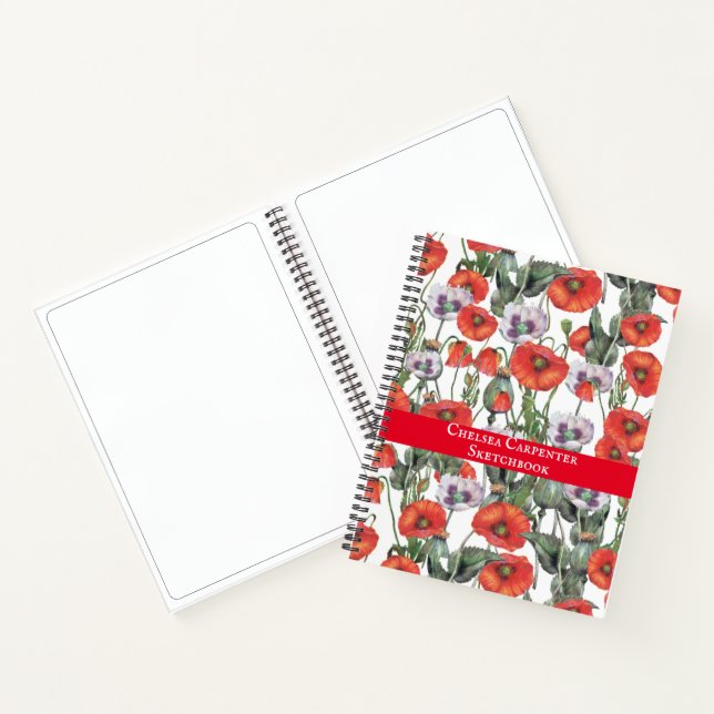 Red and Purple Poppies Pattern Personalised Sketch Notebook (Inside)