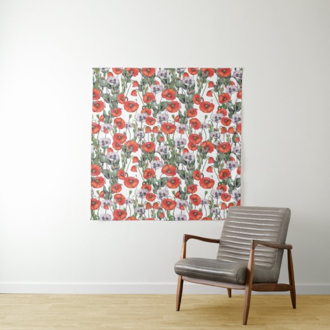 Red and Purple Poppies Pattern Tapestry (In Situ)