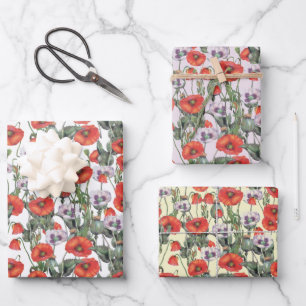 Red and Purple Poppies Pattern Wrapping Paper Sheet