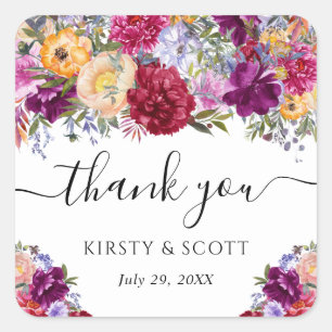 Red and Purple Summer Flower Wedding Square Sticker