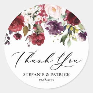 Red and Purple Watercolor Floral Garland Thank You Classic Round Sticker
