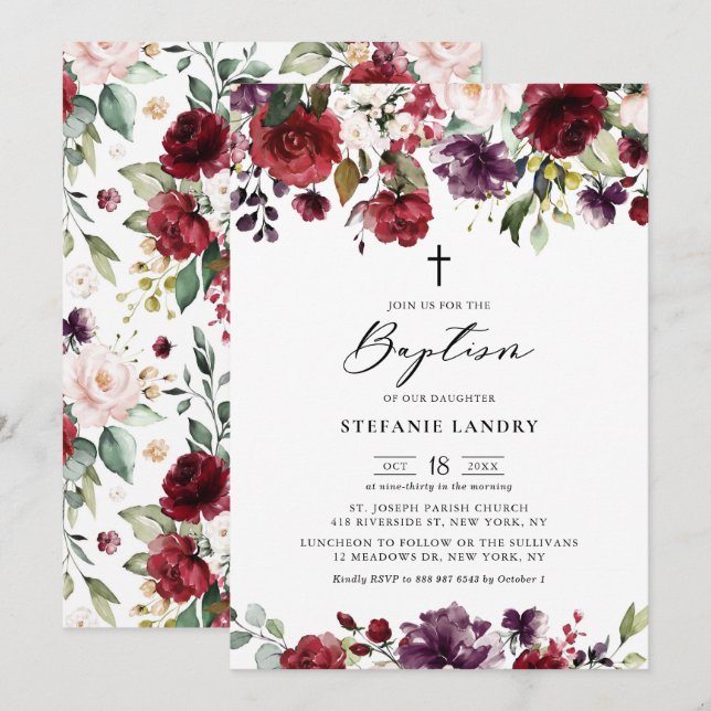 Red and Purple Watercolor Flowers Baptism Invitation (Front/Back)