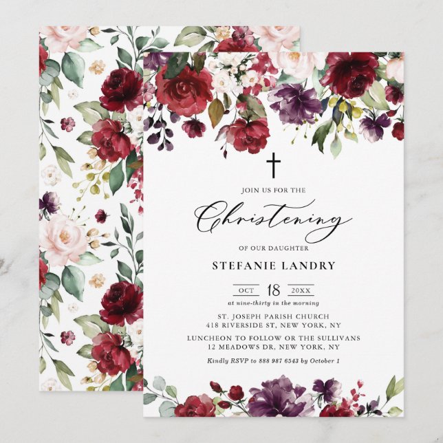 Red and Purple Watercolor Flowers Christening Invitation (Front/Back)