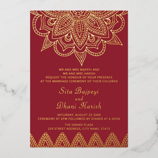 Red and Real Gold Foil Indian Wedding Invitation (Front)