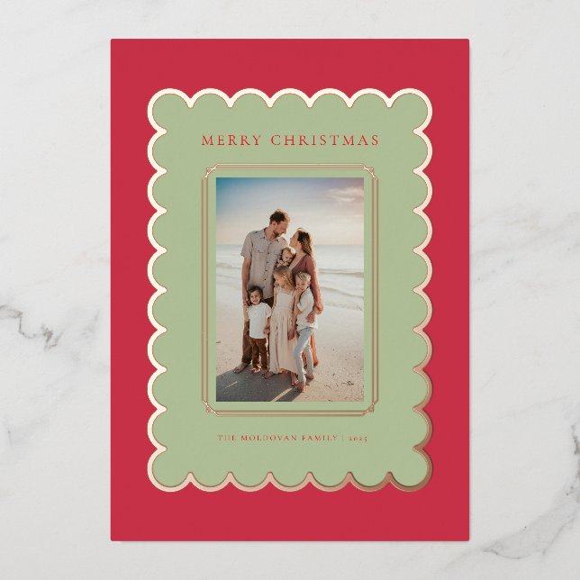 Red and Rose Gold Foil Scallop Christmas Card (Front)