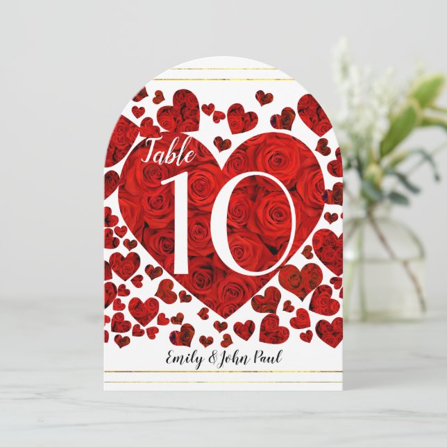 Red and Roses Hearts Wedding Table Number Card (Standing Front)