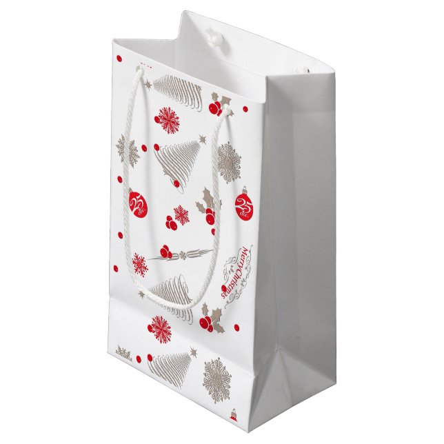 Red and Silver Christmas Gift Bag - Small, Glossy (Front Angled)