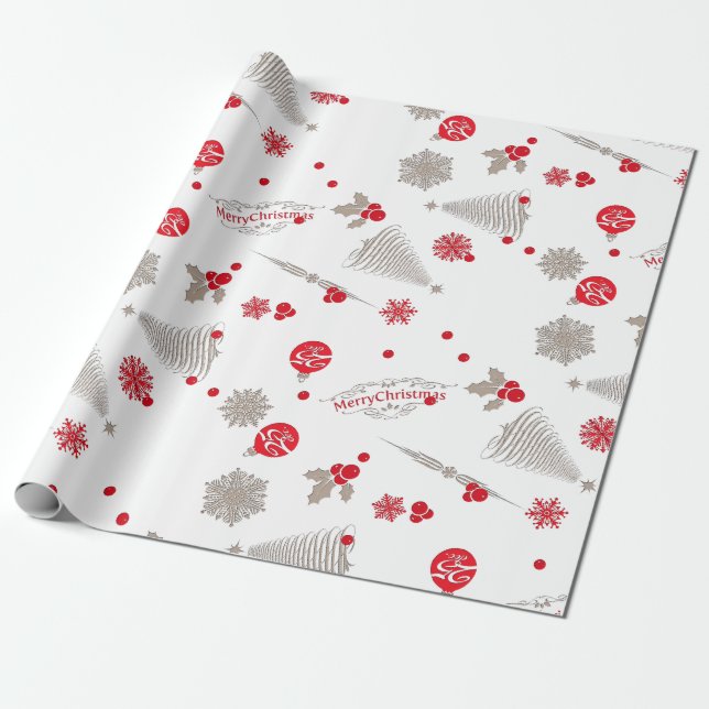 Red and Silver Christmas Matte Wrapping Paper (Unrolled)