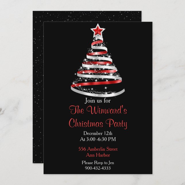Red and Silver Christmas Tree Invitation (Front/Back)