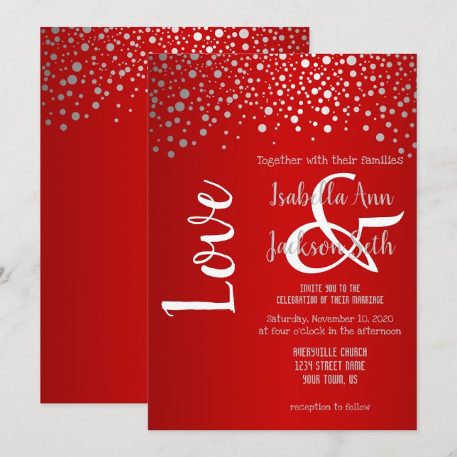 Red and Silver Confetti Dots Invitation (Front/Back)