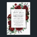 Red and Silver Country Burgundy Rose Bridal Shower Invitation<br><div class="desc">Design features watercolor peony and rose floral elements in shades of red and burgundy over eucalyptus botanical greenery. Template also features a printed silver or grey coloured box for an added elegant layout. The typography displays a modern layout with black text. View the collection link on this page to find...</div>