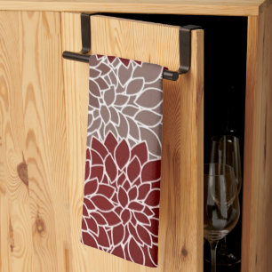 Red and silver dahlias  tea towel