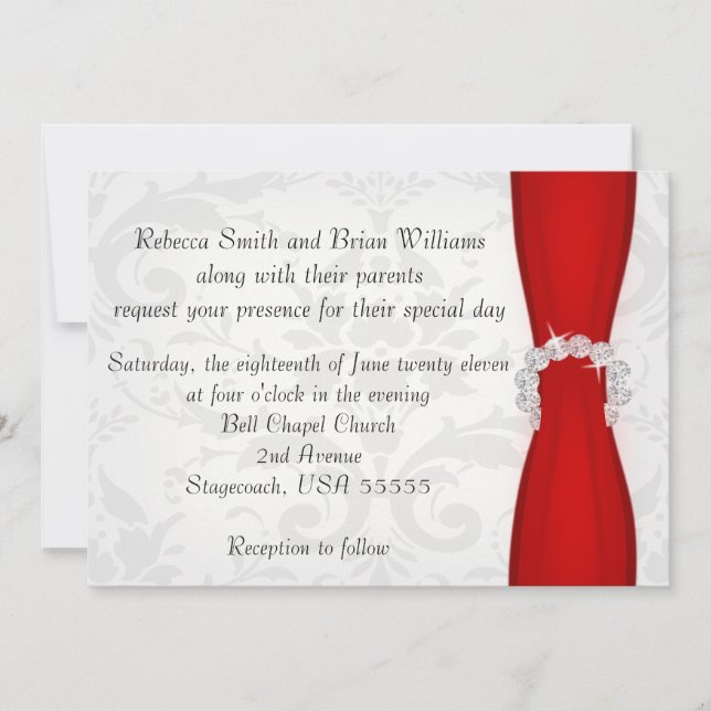 Red and Silver Damask Diamond Bow Wedding Invitation (Front)