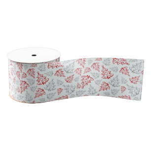 Red and Silver Elegant Christmas Trees Pattern Grosgrain Ribbon