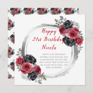 Red and Silver Elegant Flower Birthday Party Card
