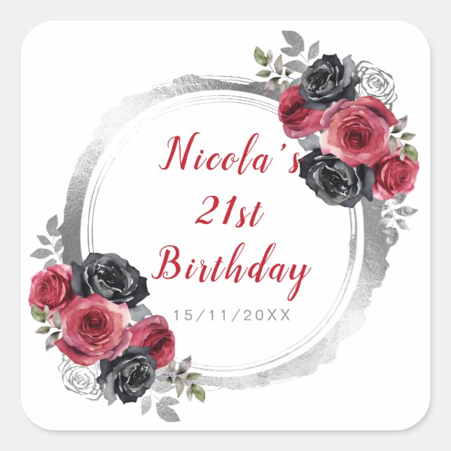 Red and Silver Elegant Flower Birthday Party Square Sticker (Front)