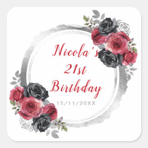 Red and Silver Elegant Flower Birthday Party Square Sticker