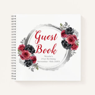 Red and Silver Elegant Flowers Birthday Guest Book