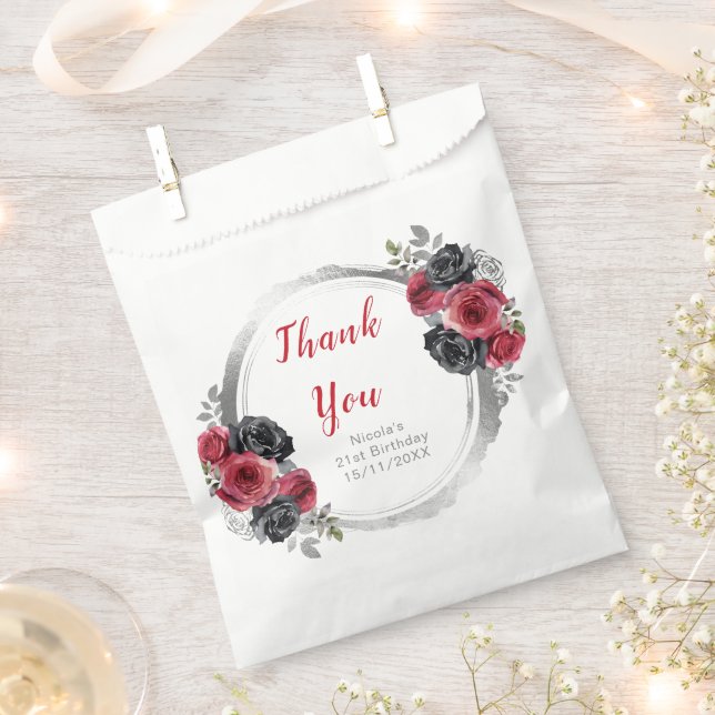 Red and Silver Elegant Flowers Birthday Party Favour Bags (Clipped)