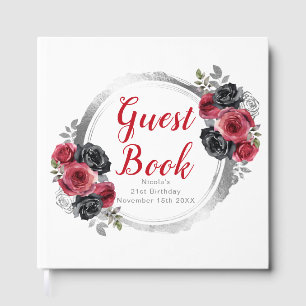 Red and Silver Elegant Flowers Birthday Party Guest Book