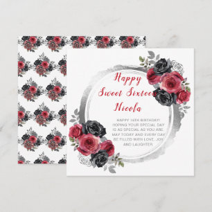 Red and Silver Elegant Flowers Sweet Sixteen Card