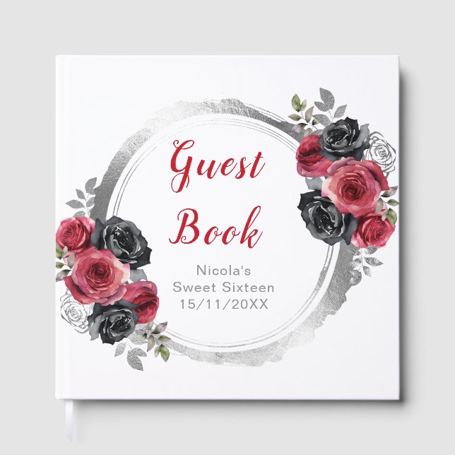 Red and Silver Elegant Flowers Sweet Sixteen Guest Book (Front)