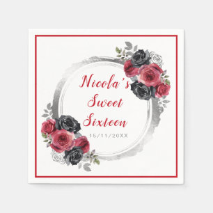 Red and Silver Elegant Flowers Sweet Sixteen Napkin