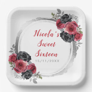 Red and Silver Elegant Flowers Sweet Sixteen Paper Plate